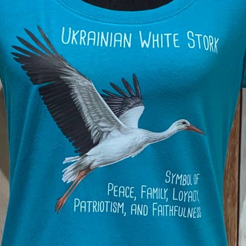 Upcycled Hand Printed Large Ukraine Flag Stork Bird Slava Ukraini Artist Tee