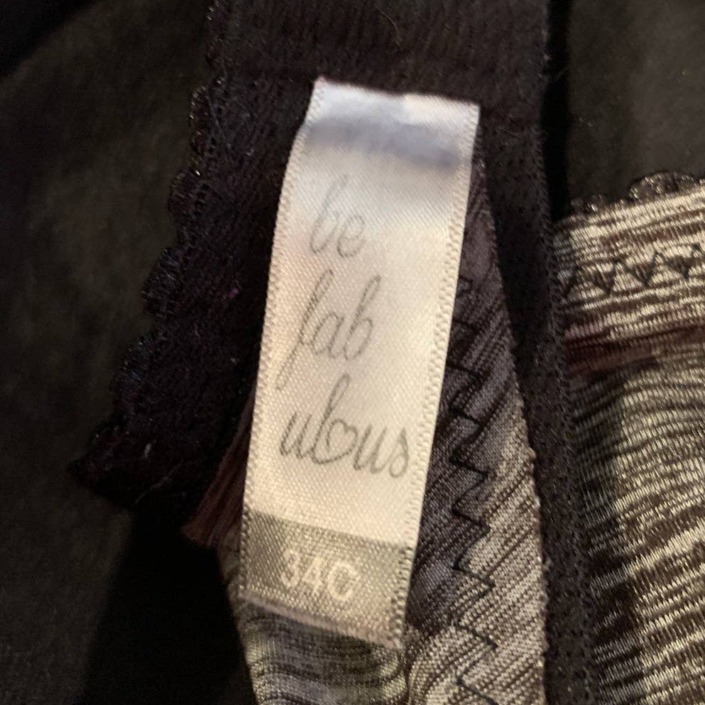 Be Fabulous 34C Underwire Silver &amp; Black Blend Polyester 2-Hook Bra EUC