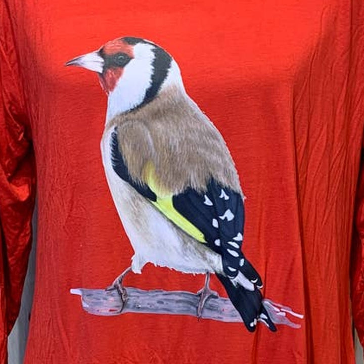 Upcycled Hand Printed Womens 2X European Goldfinch Artist Fundraiser Long Tee