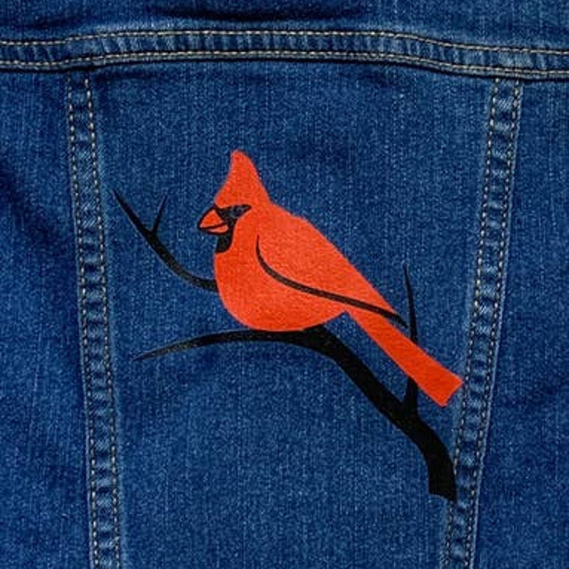 Hand Printed Upcycled Girls Small (5-6) Blue Denim Jean Vest w Red Cardinal Bird