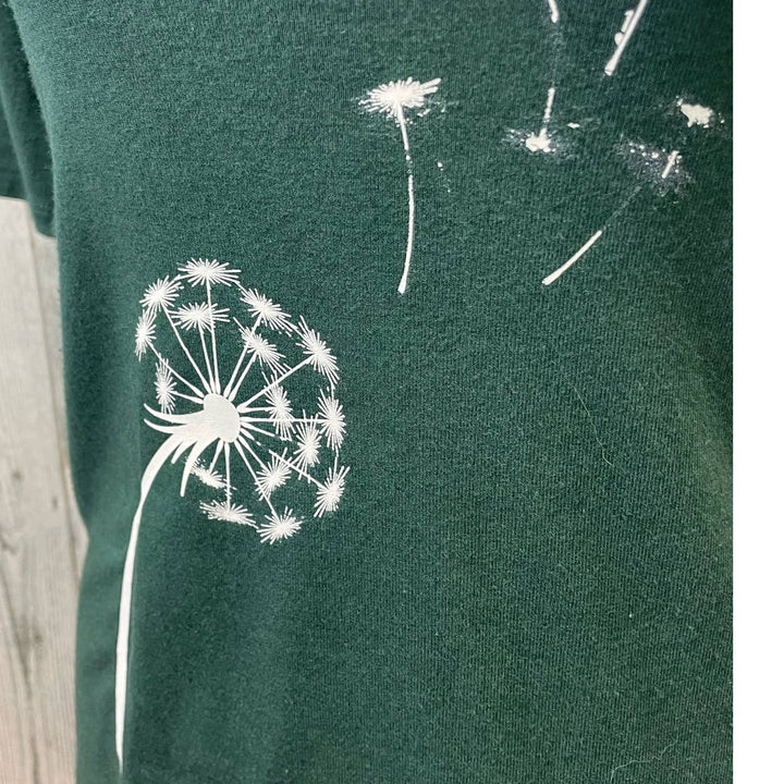 Hand Printed Upcycled Womens Small Dandelion Deep Scoop Neck Tee Shirt
