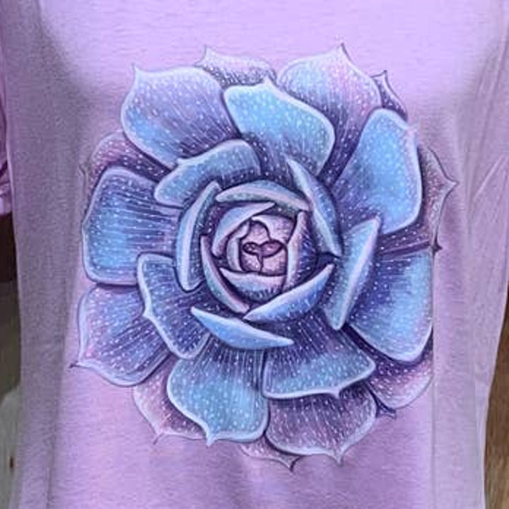 New Hand Printed Large Purple Succulent Rose Cactus PolyCotton Short Sleeve Tee