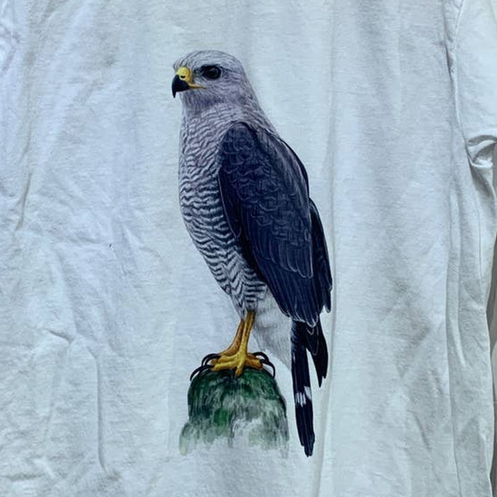 Hand Printed Upcycled Child XL Gray Hawk Crew Neck 100% Cotton Short Sleeve Tee