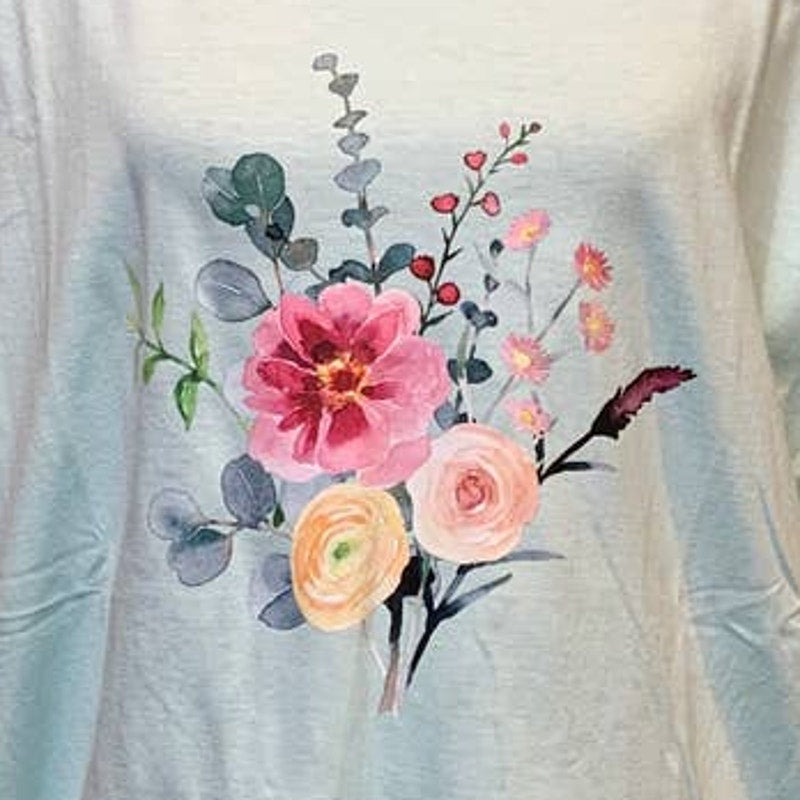 New Hand Printed 2X Pink Watercolor Summer Flower Peony Aster Bouquet Cotton Tee