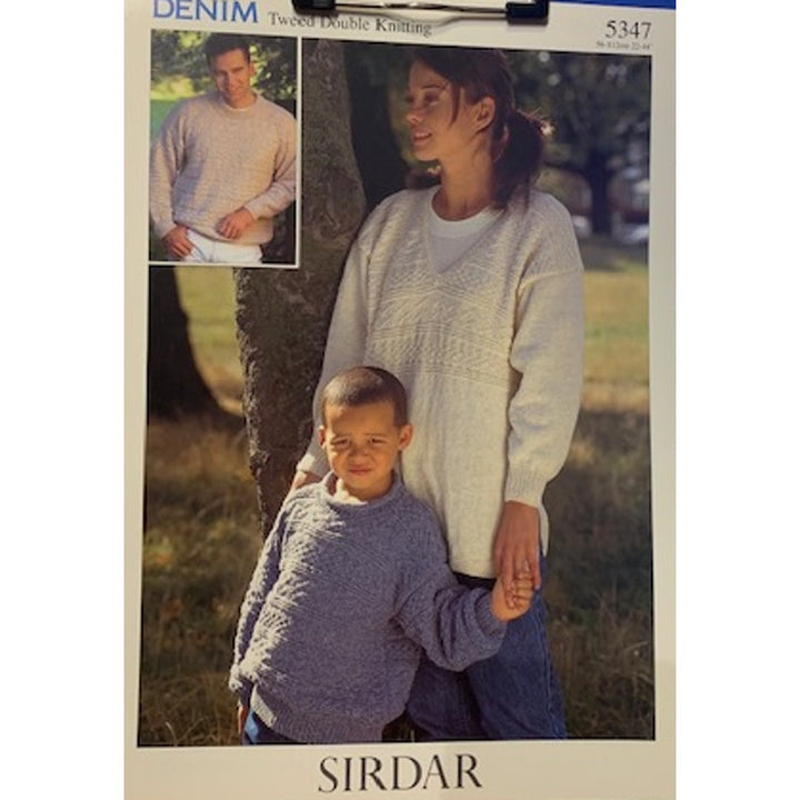 New Sirdar 5347 Denim Tweed Family Sweaters Crew VNeck Double Knitting Pattern