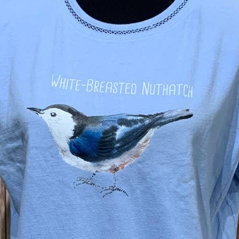 Wingspan Inspired Womens Large Watercolor White Breasted Nuthatch Upcycled Tee