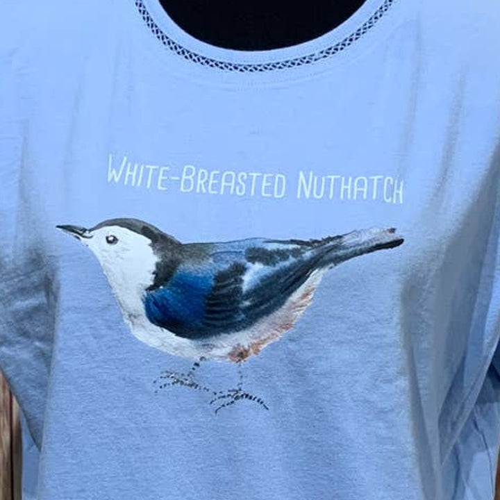 Wingspan Inspired Womens Large Watercolor White Breasted Nuthatch Upcycled Tee