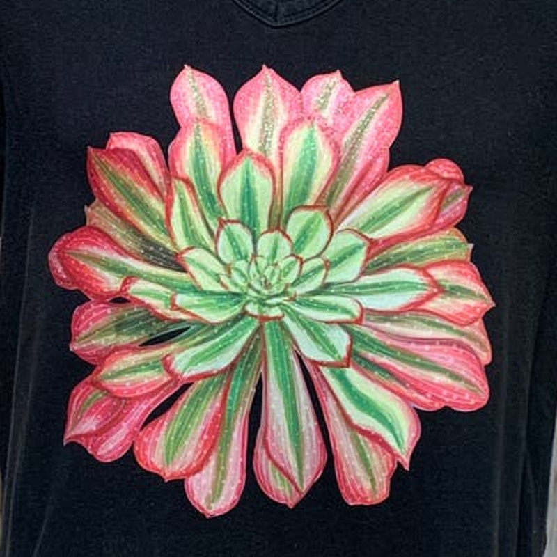 Hand Printed Upcycled XL Pink Green Succulent Cotton Blend Short Sleeve Tee
