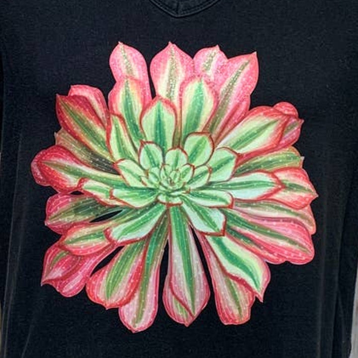 Hand Printed Upcycled XL Pink Green Succulent Cotton Blend Short Sleeve Tee
