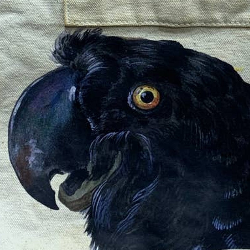 Upcycled Hand Printed Black Parrot Canvas Tote Bag Ukraine Artist Fundraiser Tee