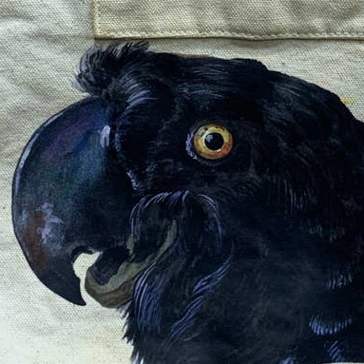 Upcycled Hand Printed Black Parrot Canvas Tote Bag Ukraine Artist Fundraiser Tee