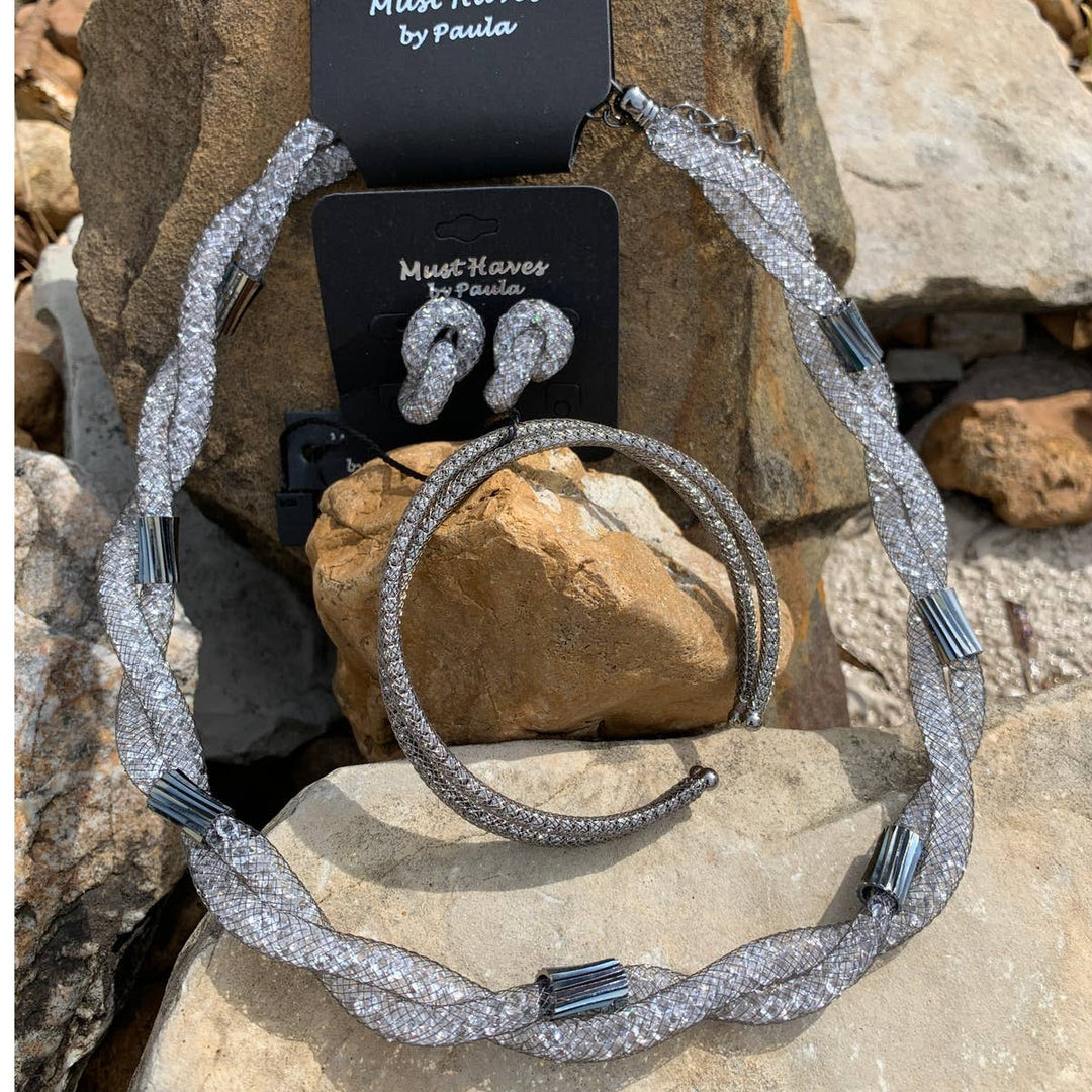 New 3pc Silver Pewter Necklace Earrings Bracelet Costume Jewelry in Red Gift Box