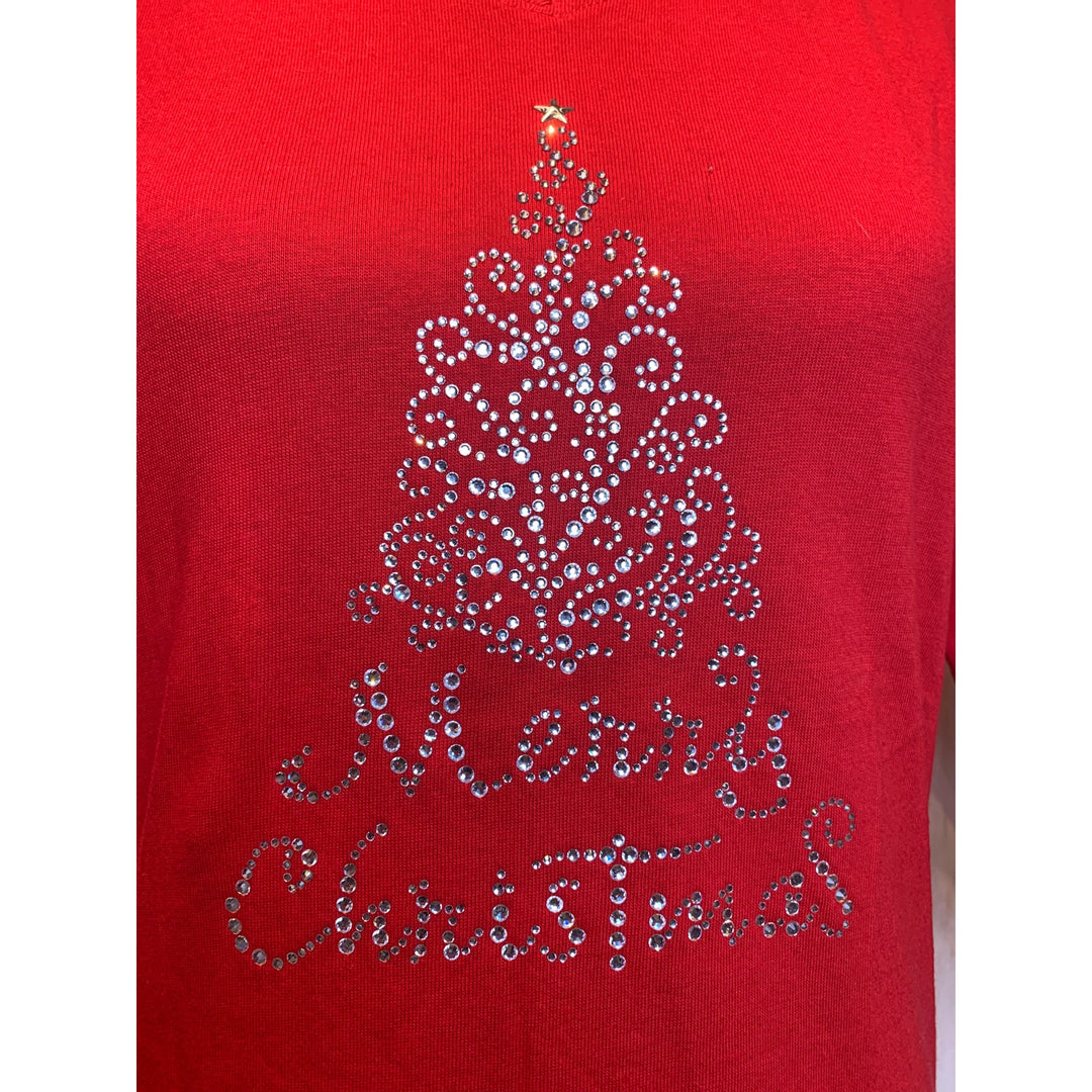 New Hand Printed Small Merry Christmas Tree Rhinestone 3/4 Sleeve Cotton Tee