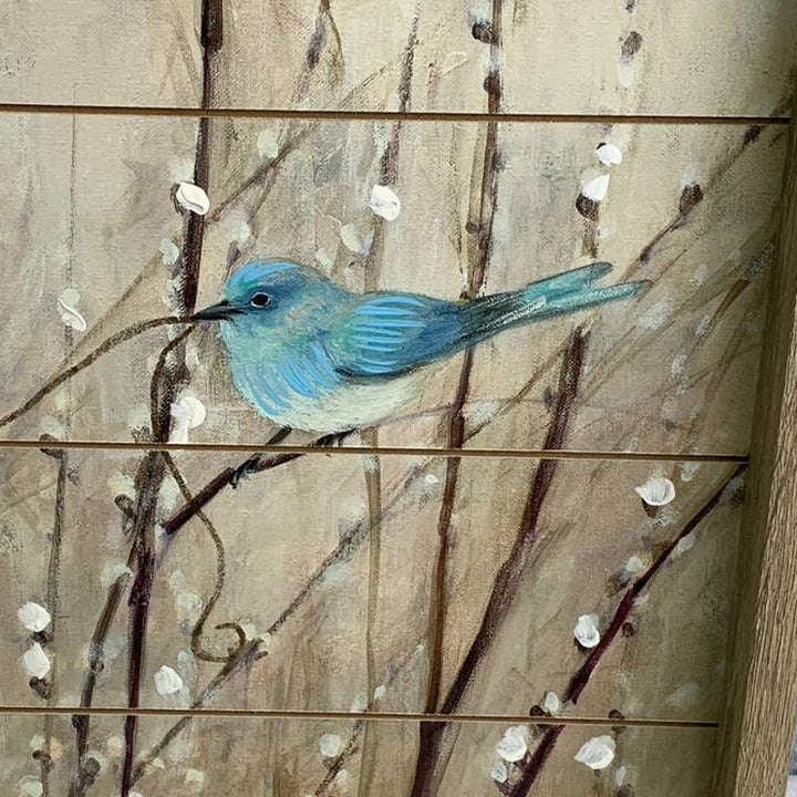 Double Bluebird Tree Branch Heart Pussywillow Wood Tray Hanging Wall Art