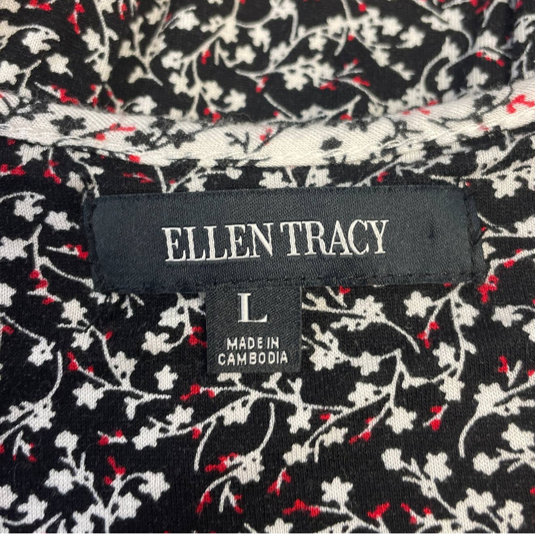Ellen Tracy Womens Large 1/4 Button Long Sleeve Rayon Blend Floral Tee Shirt