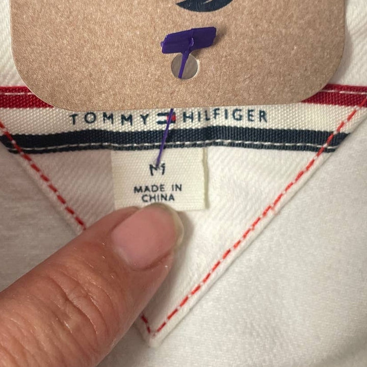 Hand Printed Upcycled Tommy Hilfiger Womens Medium Floral White Jean Jacket