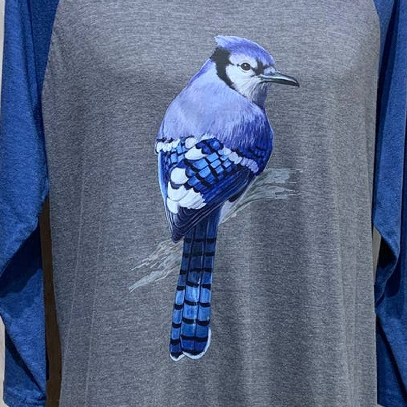Upcycled Hand Printed Womens Large Blue Jay Bird Long Sleeve Baseball Tee
