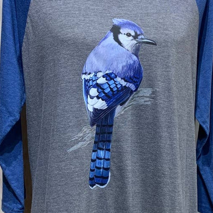 Upcycled Hand Printed Womens Large Blue Jay Bird Long Sleeve Baseball Tee