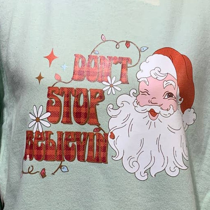 Upcycled Hand Printed Medium Christmas Santa Believe Long Sleeve Sweatshirt