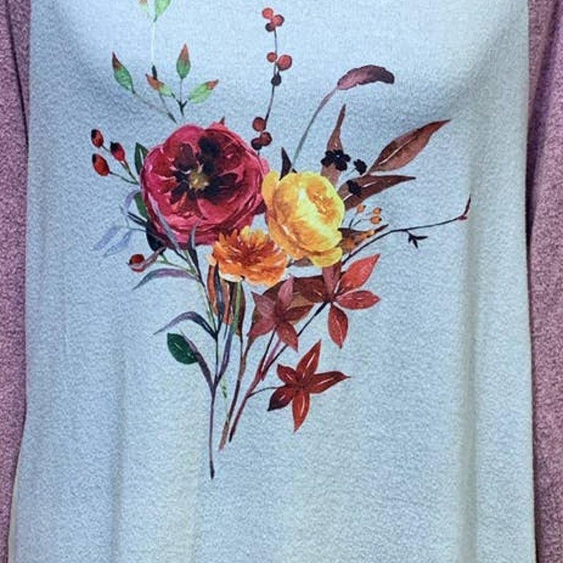 Hand Printed Upcycled Large Watercolor Autumn Flower Peony Bouquet Sweater/.