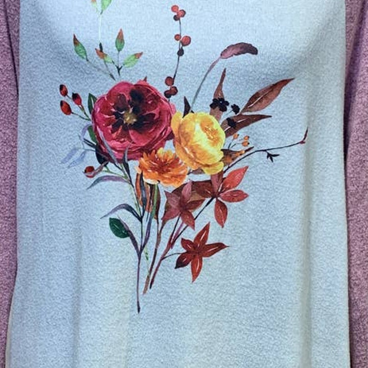 Hand Printed Upcycled Large Watercolor Autumn Flower Peony Bouquet Sweater/.