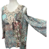 Spense Womens Medium Boho Patchwork Lace Cold Shoulder Bell Sleeve Paisley Top