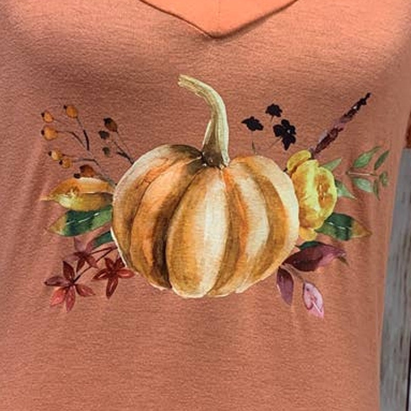 Hand Printed Medium Upcycled Pumpkin Autumn Fall Flower Orange Short Sleeve Tee