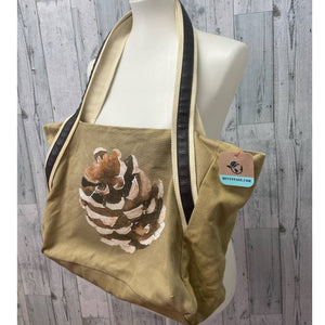 Hand Printed Upcycled Rustic Woody Pine Cone Canvas Tote Sholder Bag Handbag