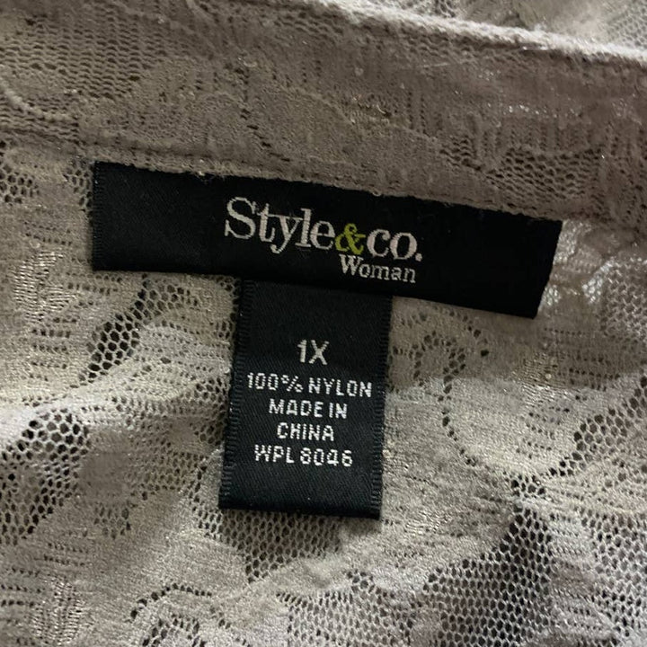 Style &amp; Co Woman 1X Lacy Sheer Ruffled Front 3/4 Sleeve Button Down Blouse Top