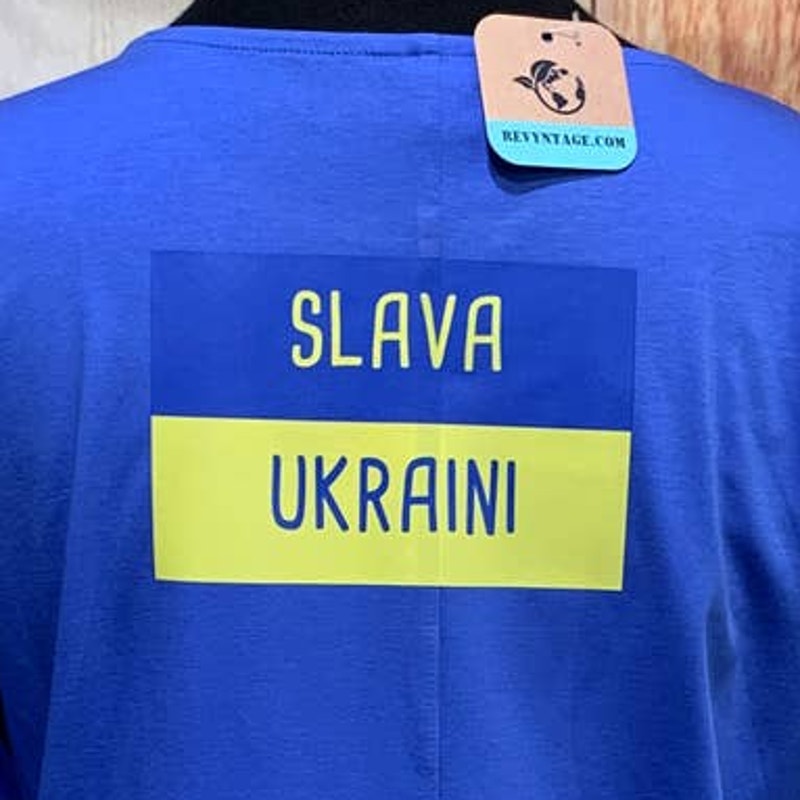 Upcycled Hand Printed Small Ukraine Flag Stork Bird Slava Ukraini Artist Tee