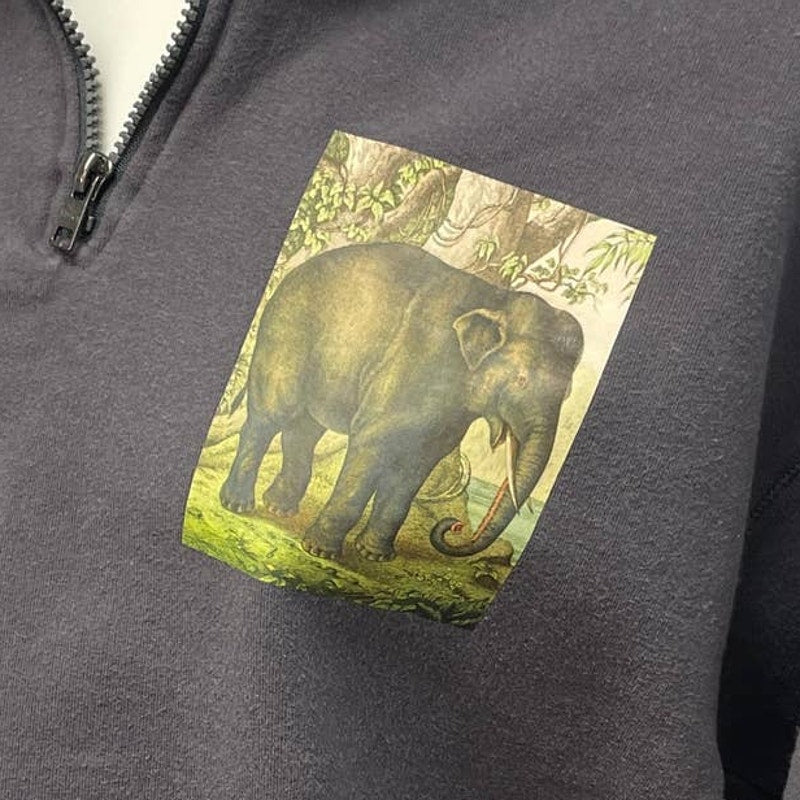 Hand Printed Upcycled Mens Large Elephant 1/4 Zip PolyCotton Pullover Sweatshirt