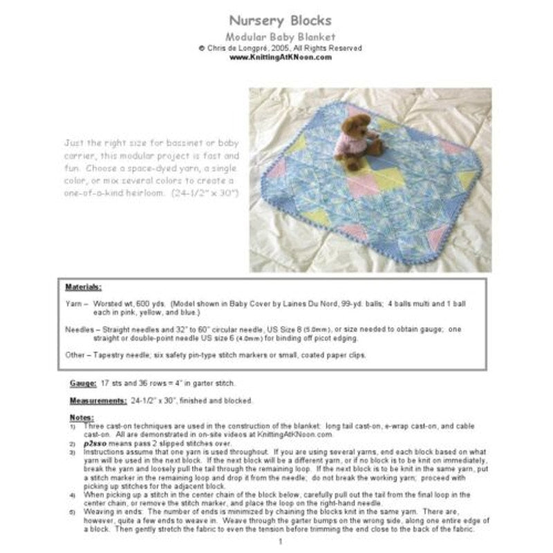New NOS 2005 Chris de Longpre Modular Baby Blanket Knitting at KNoon Pattern