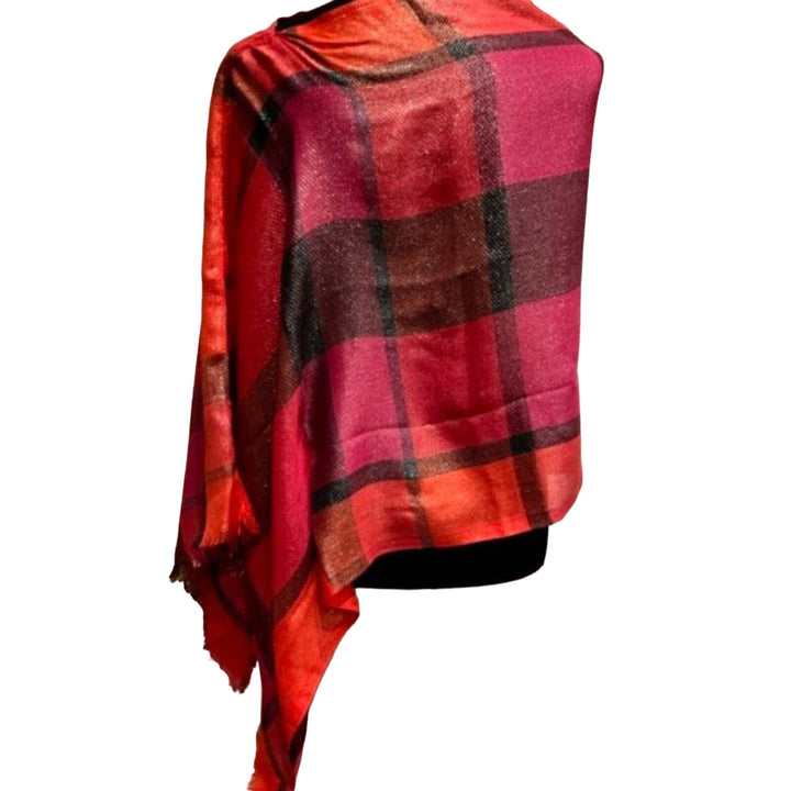 Loft Handmade Upcycled Orange Pink Polyester Shimmery Plaid Long Poncho Wrap