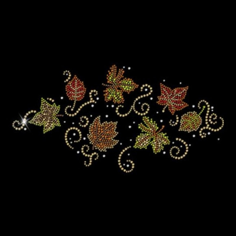 New Hand Printed Small Cotton Rhinestone Fall Autumn Leaf Long Sleeve Black Tee