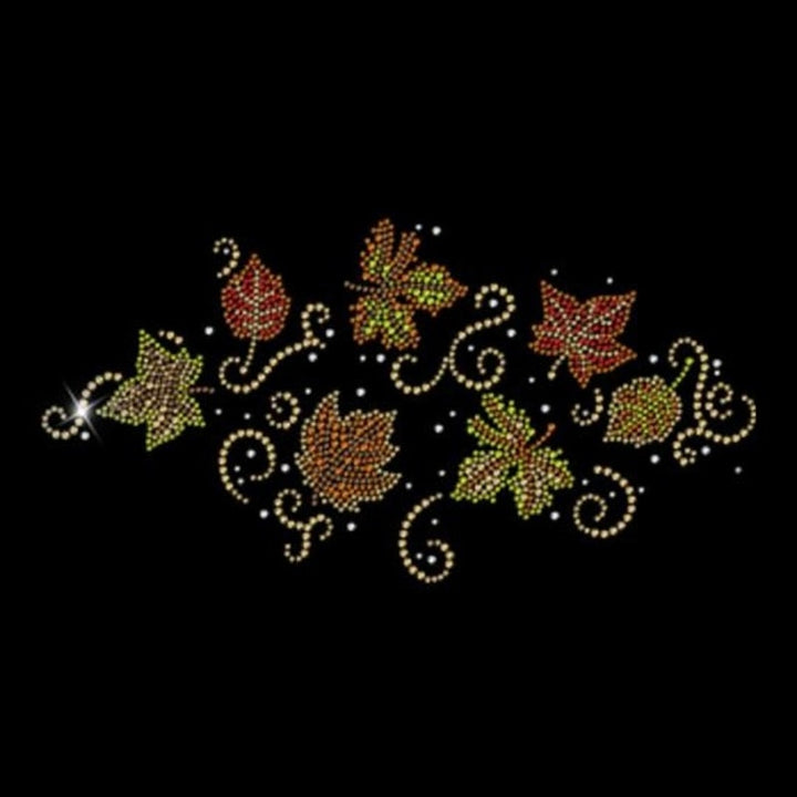 New Hand Printed Small Cotton Rhinestone Fall Autumn Leaf Long Sleeve Black Tee