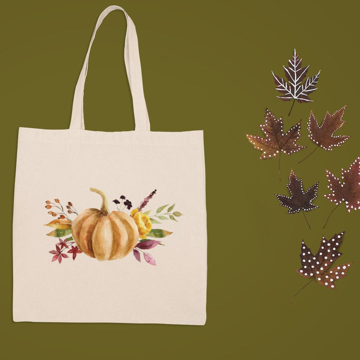 New Hand Printed Autumn Pumpkin Fall Flowers Canvas Two Handle Shopper Tote Bag