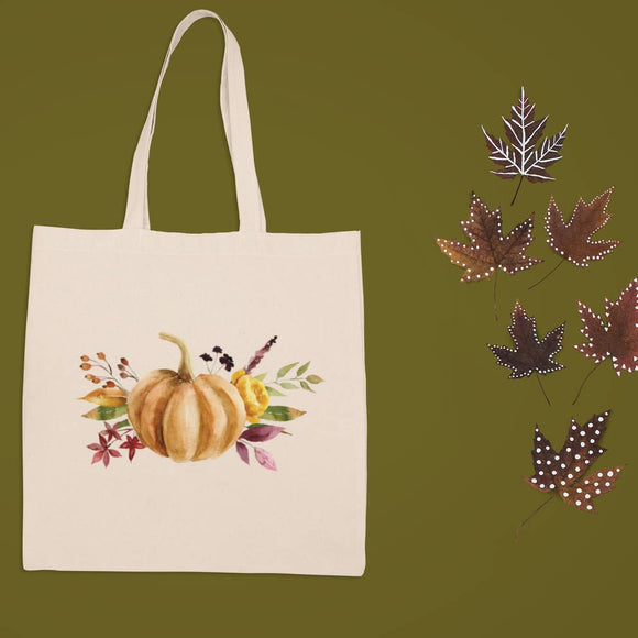 New Hand Printed Autumn Pumpkin Fall Flowers Canvas Shopper Tote Bag