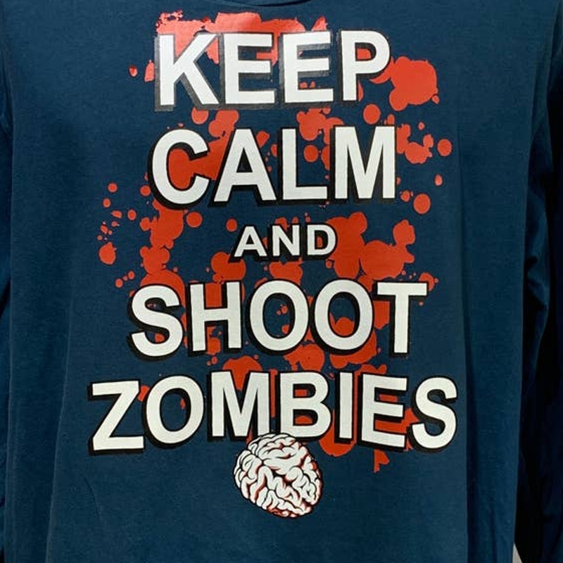Hand Printed Upcycled Mens 2XL Halloween Keep Calm Shoot Zombies Long Sleeve Tee