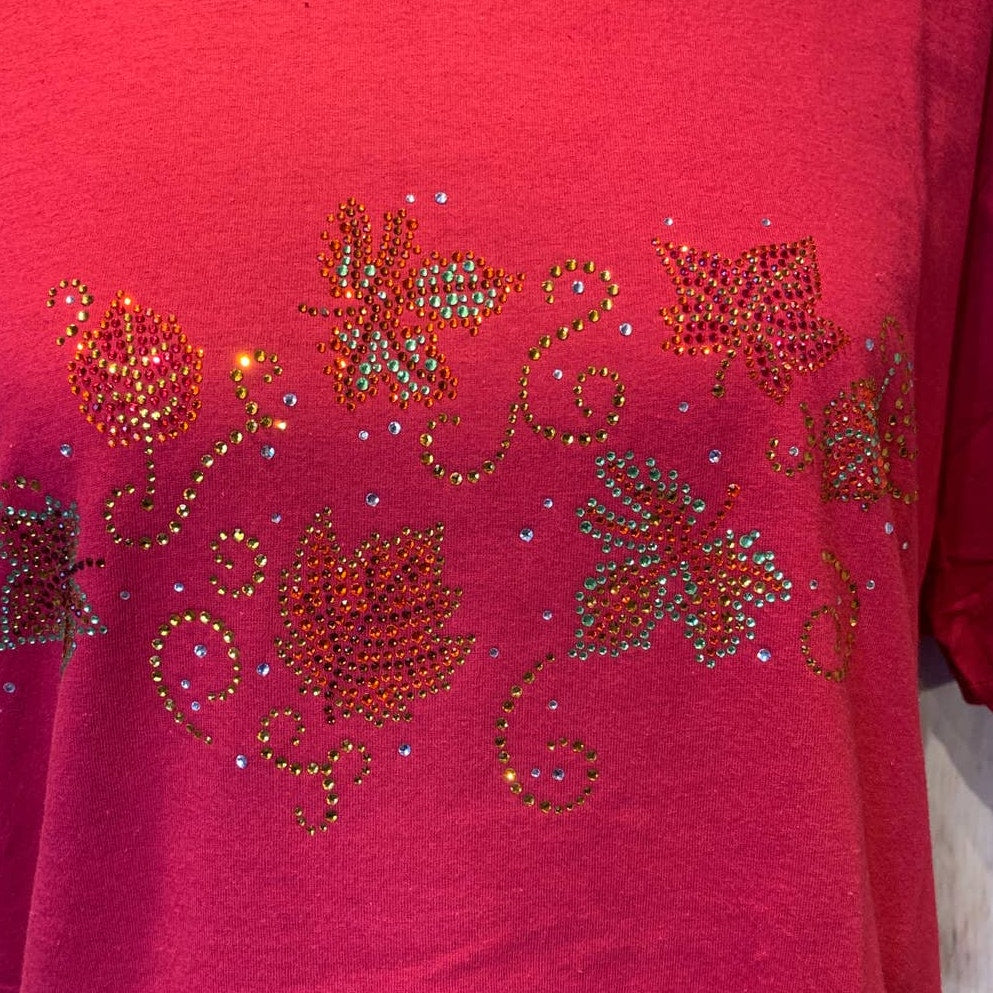 New Hand Printed Large Cotton Rhinestone Fall Autumn Leaves Red Short Sleeve Tee