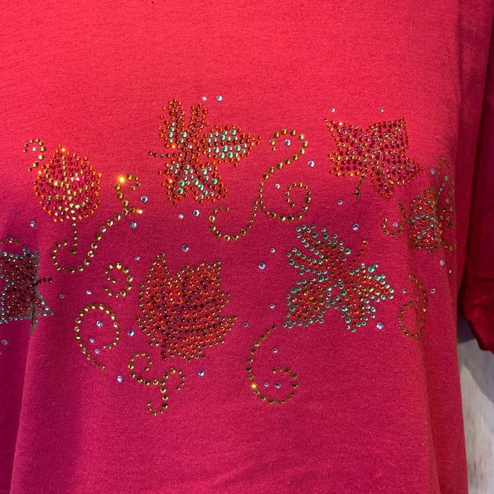 New Hand Printed Large Cotton Rhinestone Fall Autumn Leaves Red Short Sleeve Tee