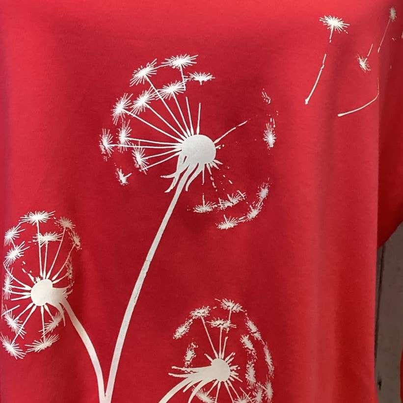 Hand Printed Upcycled Womens 2X Dandelion Make a Wish Long Sleeve Tee Shirt