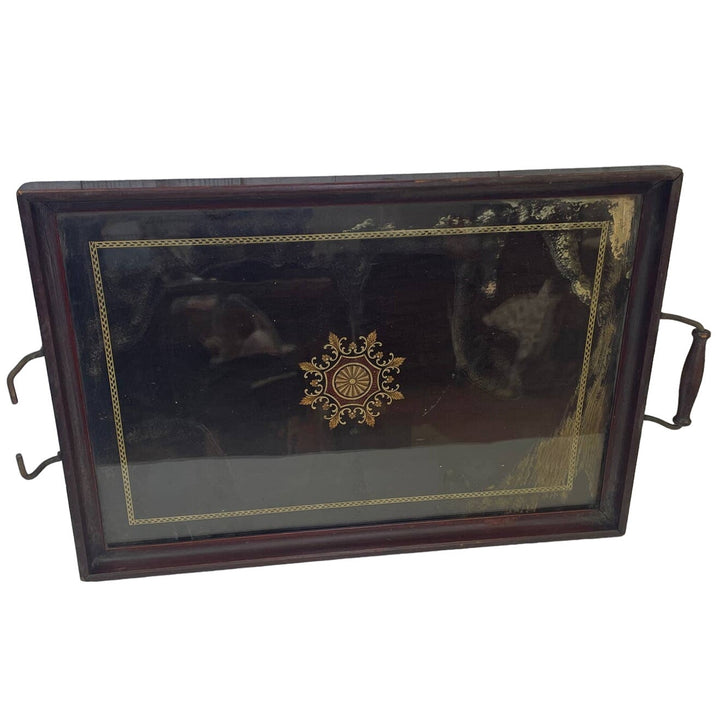 Vintage Glass Top Floral Aged Patina Wooden Tray Velvet Back Missing Handle
