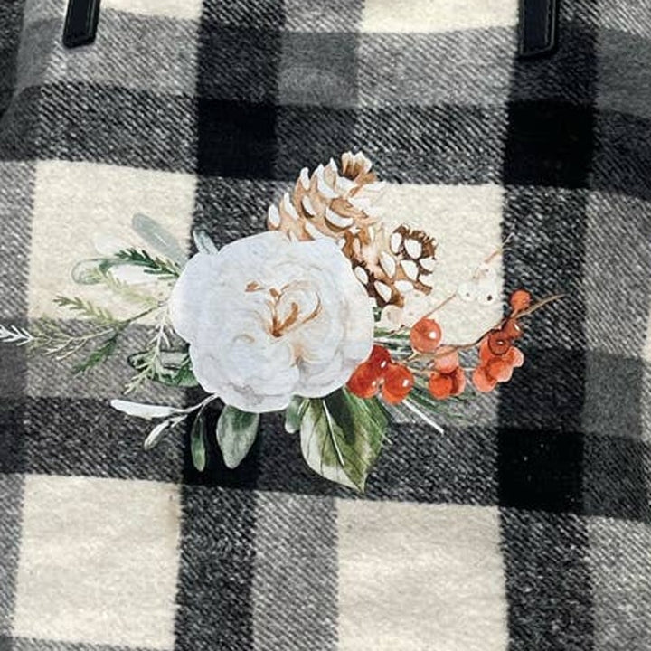 Hand Printed Upcycled Christmas Rose Floral Pine Cone Plaid Shoulder Tote Bag