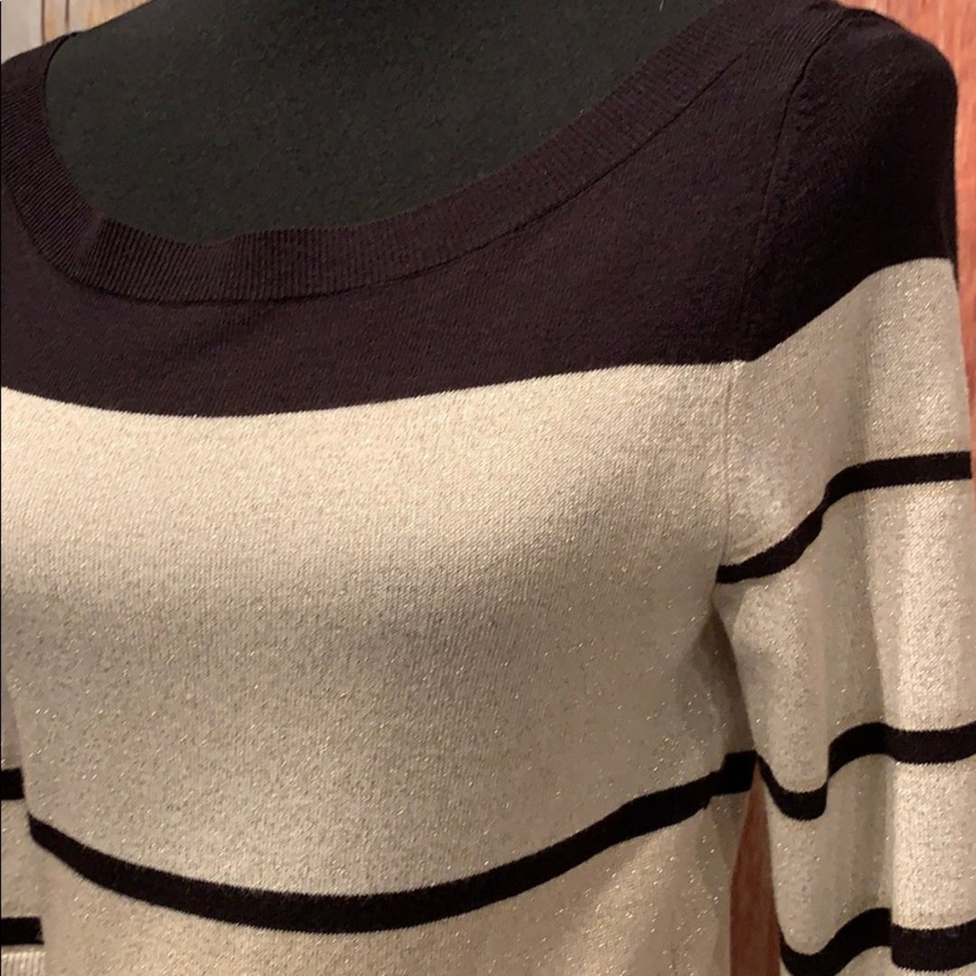 WHBM White House Black Market Small Black Striped Gold Sparkle Boatneck Sweater