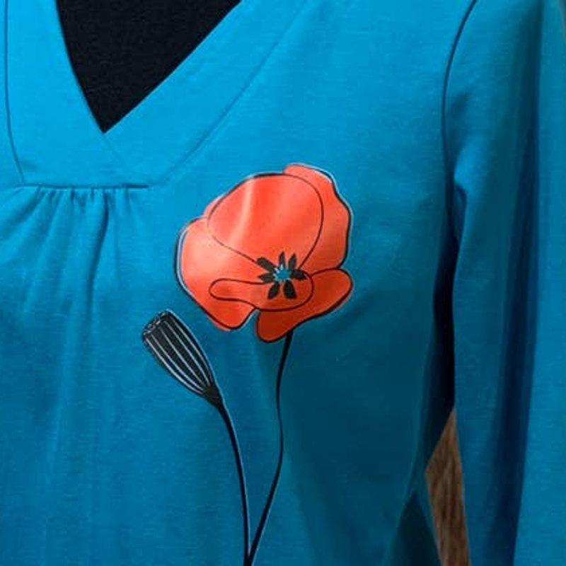 Hand Printed Upcycled Womens Small Red Poppy Flower Supima Cotton V-Neck Tee