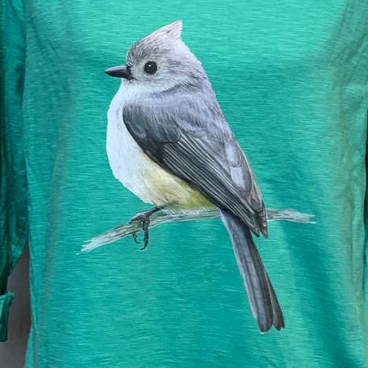 Hand Printed Upcycled Womens XL Tufted Titmouse Bird 3/4 Sleeve Cotton Tee