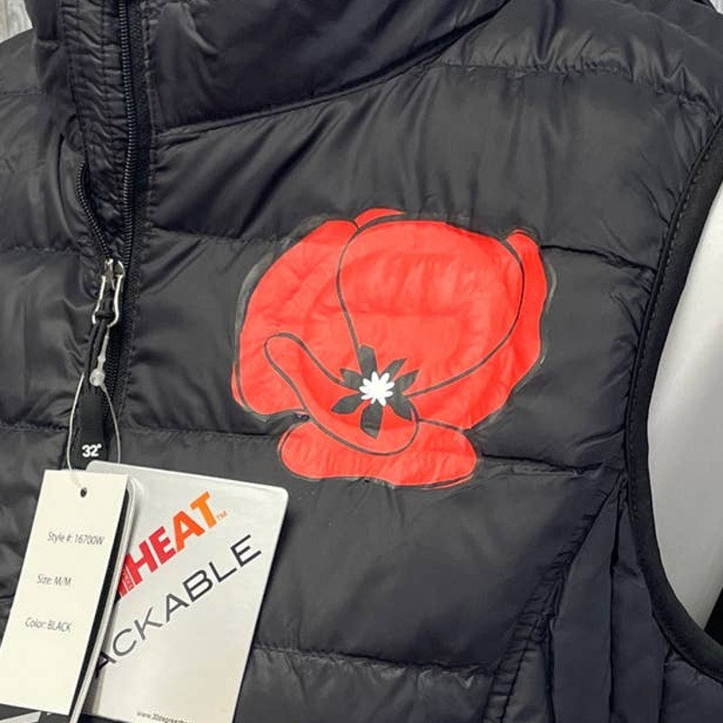 New Hand Printed Upcycled Womens Medium Poppy Flower Weatherproof Puffer Vest