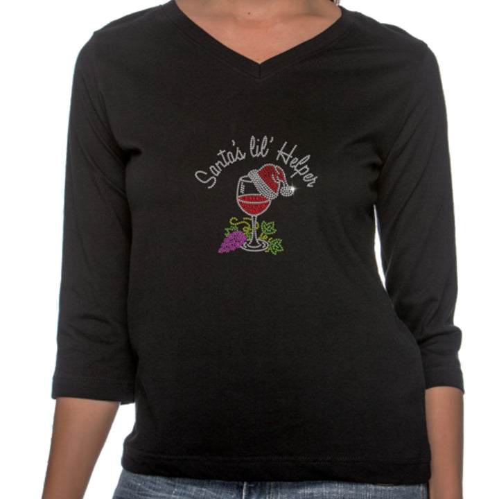 New Small Hand Printed Santas Helper Christmas Rhinestone Wine 3/4 Sleeve Tee