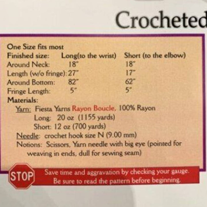 New 2004 Fiesta Yarns Franziska Collins Rayon Boucle Poncho Crochet Pattern