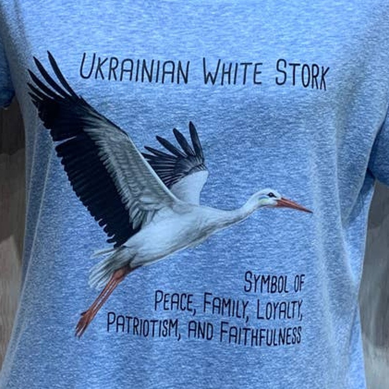 Upcycled Hand Printed Large Ukraine Peace Stork Bird Slava Ukraini Artist Tee